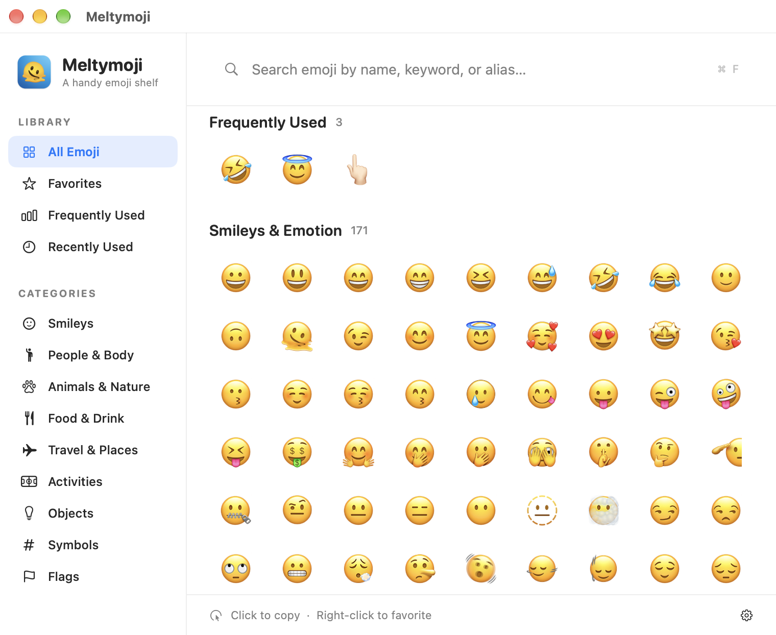Actual Meltymoji Mac window showing the emoji library, categories, search field, and Frequently Used emoji