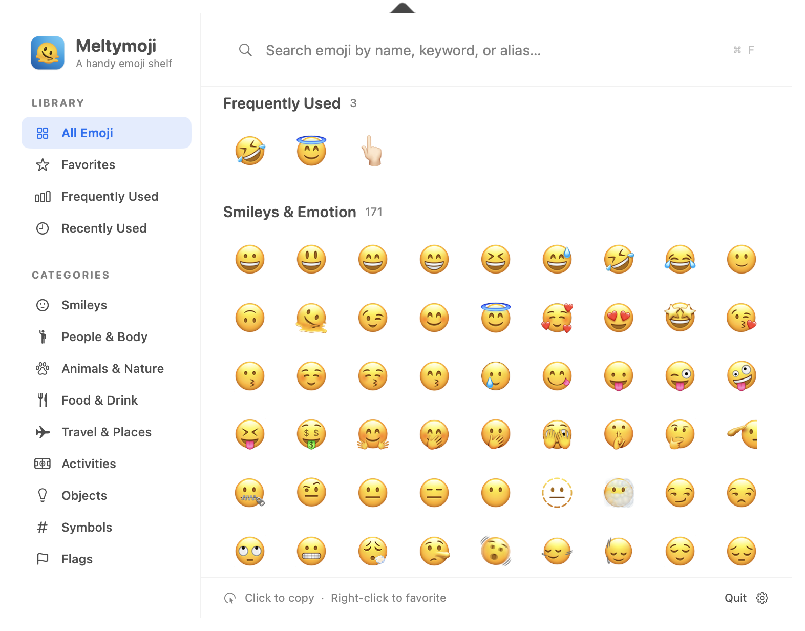 Actual Meltymoji menu bar popover showing Frequently Used emoji and the emoji browser